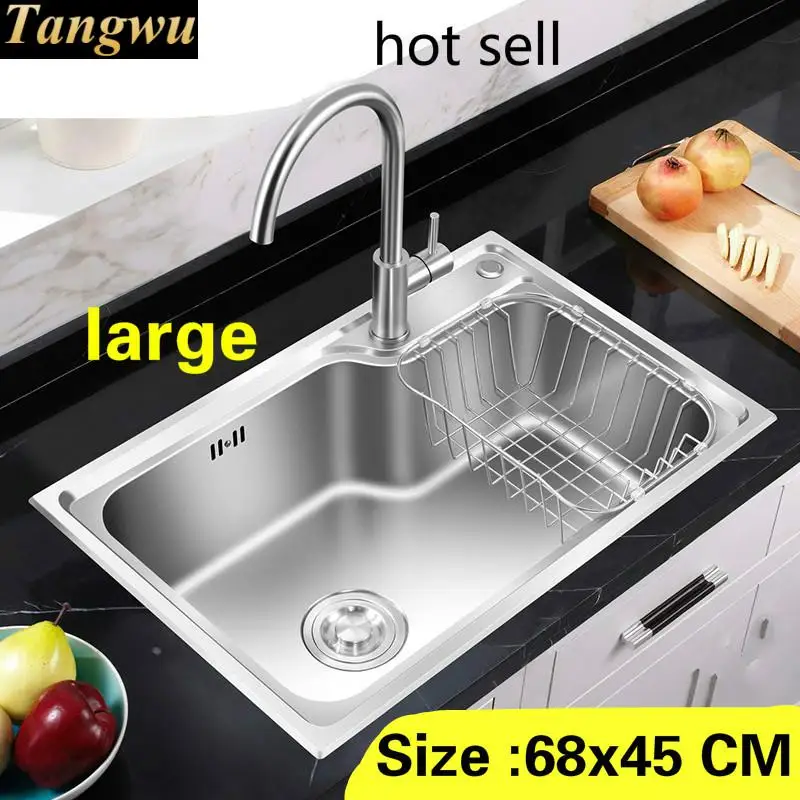 

Free shipping Apartment luxury large kitchen single trough sink high quality 304 stainless steel hot sell 680x450 MM