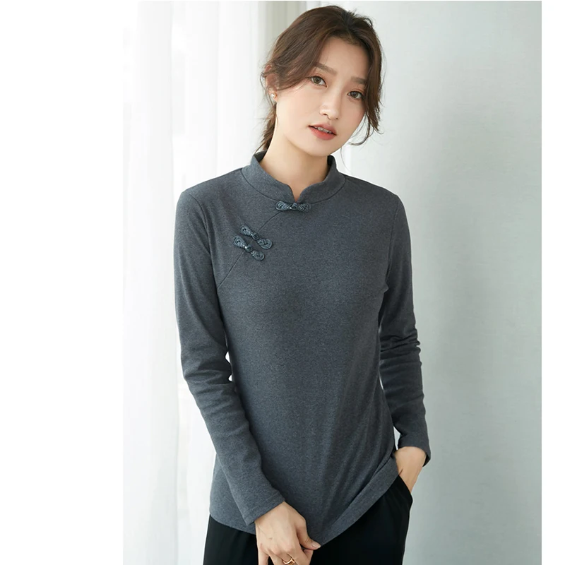 2022 Spring Autumn Long Sleeve Top T Shirt Women Stand Collar Chinese Style Clothes Fashion Tees Cotton Sanding Tee Shirt Femme