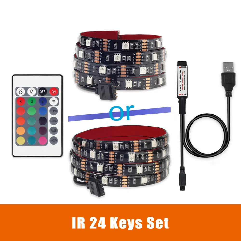 USB-LED-Streifen 5050 RGB-TV-Hintergrundbeleuchtungsset, schneidbar mit IR-RF-Musik, Bluetooth-RGB-LED-Controller, 0,5 m/1 m/2 m Set