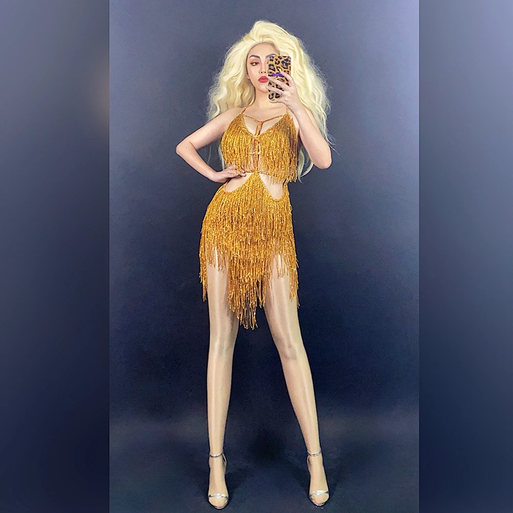 Sexy Stage Gold Fringes Dance Costume Party Outfit Tassel Bodysuit Evening Birthday Party Stage Wear Nightclub Performance Dress