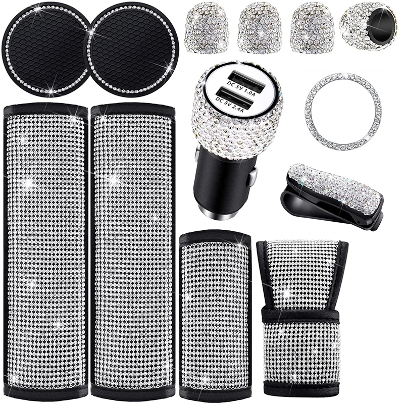 

Crystal Diamond Car Accessories kits Bling Car Gear Shift Cover Handbrake Cover Car Seat Belt Covers Bling Auto Interior Decor