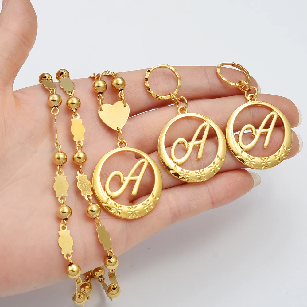 Anniyo Hawaiian Cursive Letters Pendant Initial Chain for Women Ball Beads Necklaces Guam English Jewelry Girls #135006