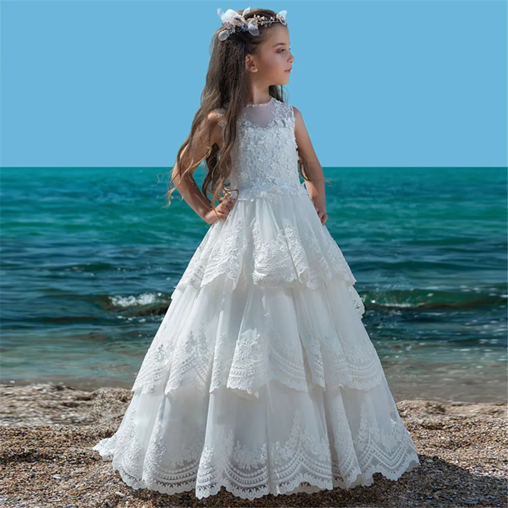 

New Flower Girl Dresses For Weddings Short Sleeves Tulle Appliques Pearls Long First Communion Dresses Little Girl