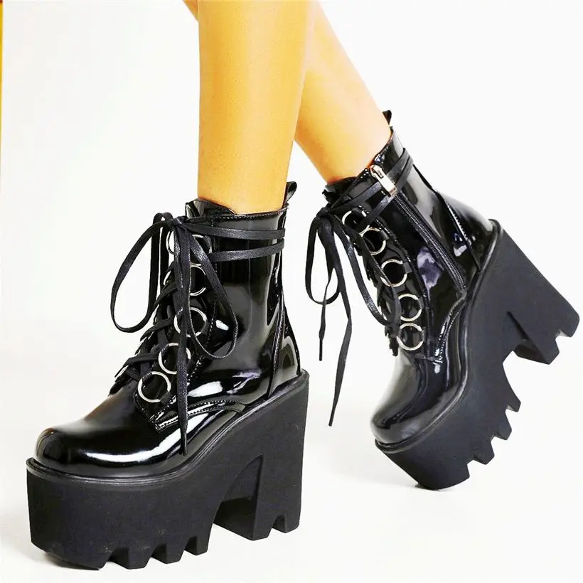 

Platform Pumps Women Patent Leather Round Toe Ankle Boots High Heels Lace Up Buckle Creepers Shoes EUR35-43