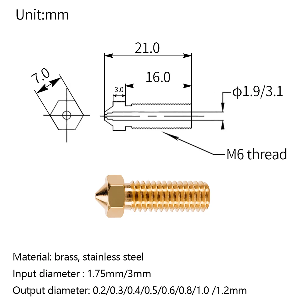 KINGROON 2pcs E3D Volcano Stainless Steel Nozzles Brass M6 Thread 3D Printer Hotend Nozzle 0.2mm-1.2mm For 1.75mm Filament