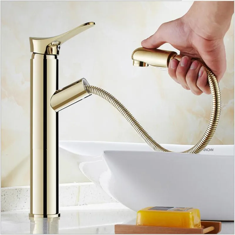 Fashsion Gold Brass single lever hot cold Pull Out wash hair basin faucet chome black Toilet Sink Faucet  Water Crane Mixer