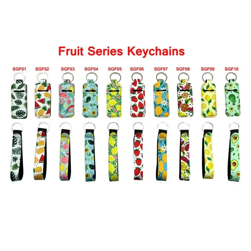 

100Set/Lot Fruit Style Chapstick Holder Keychains with Wristlet Lanyard Neoprene Lipstick Holder Keychain Best Party Gifts