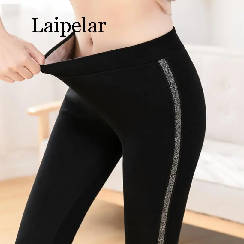 Outono inverno algodão de veludo feminino cintura alta listras laterais esportivas calças leggings de fitness quente grosso leggings