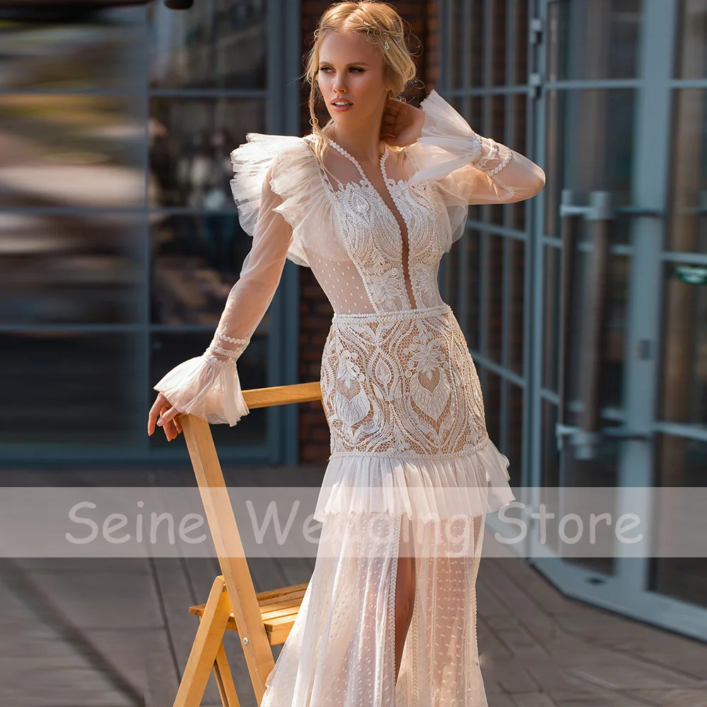 Abiti da sposa semplici con scollo a v lunghi 2021 abiti da donna con illusione in pizzo a-line abito da sposa senza schienale robe de mariée