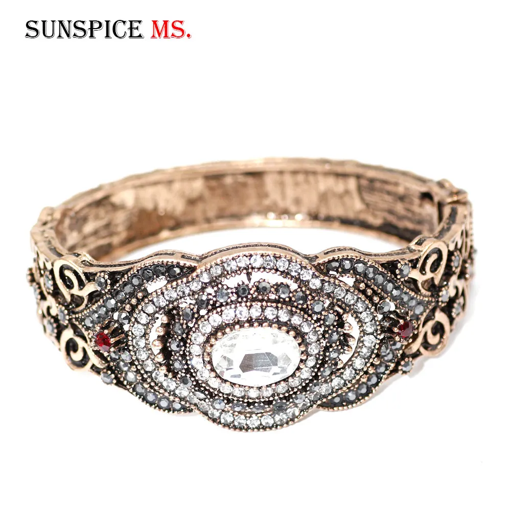 SUNSPICE MS Turkish Gray Crystal Bangles For Women Antique Gold Color Flower Cuff Bracelet Bohemia Ethnic Charm Wrist Jewelry