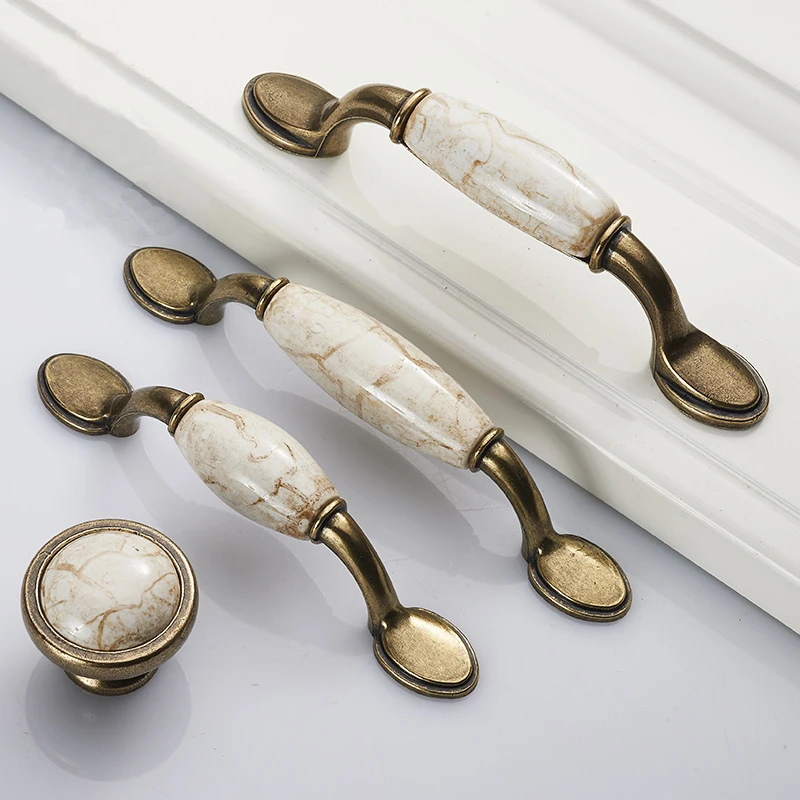 Nordic Luxury Marble Lines Ceramic Cabinet Handles Zinc Alloy Drawer knobs Wardrobe Door Handles Antique Bronze Furniture Handle