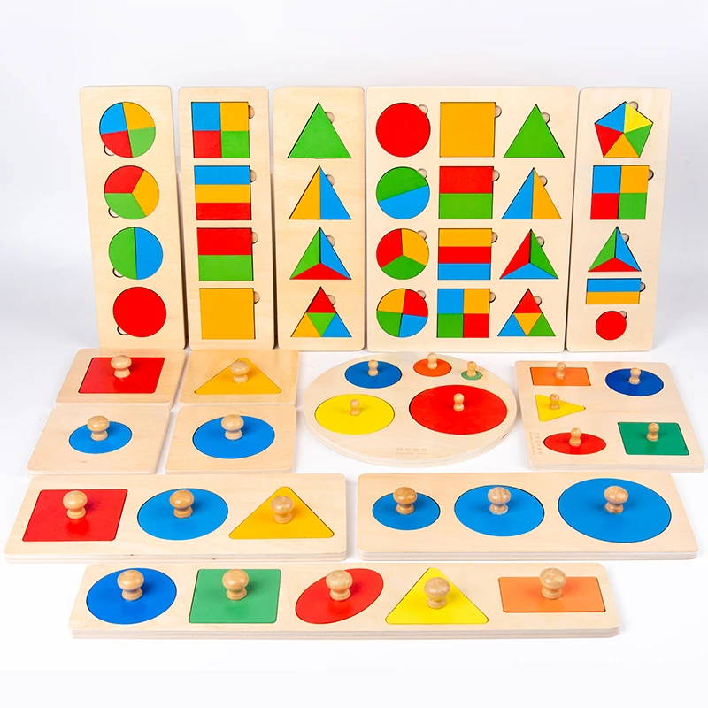 Montessori Wood Toys Colorful Fraction Board Geometric Shape Panel Triangle Circle Square Shapes 3 in 1 Preschool Learning Gift