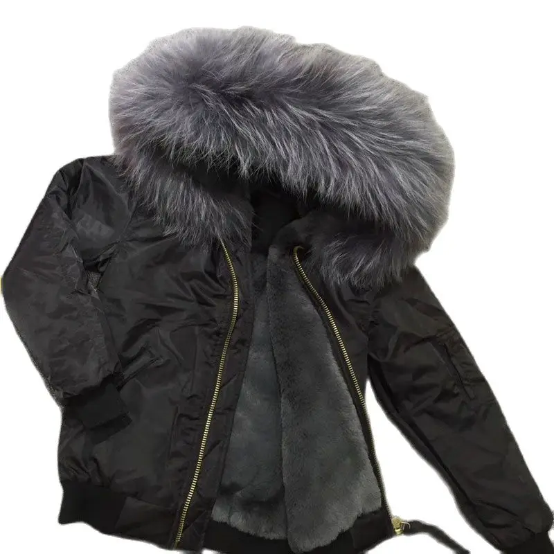 

Black Flight Bomber Jacket Grey Fur Lined Causal Wear Mr Or Mrs Winter Warm Body Fashion Fur Wear