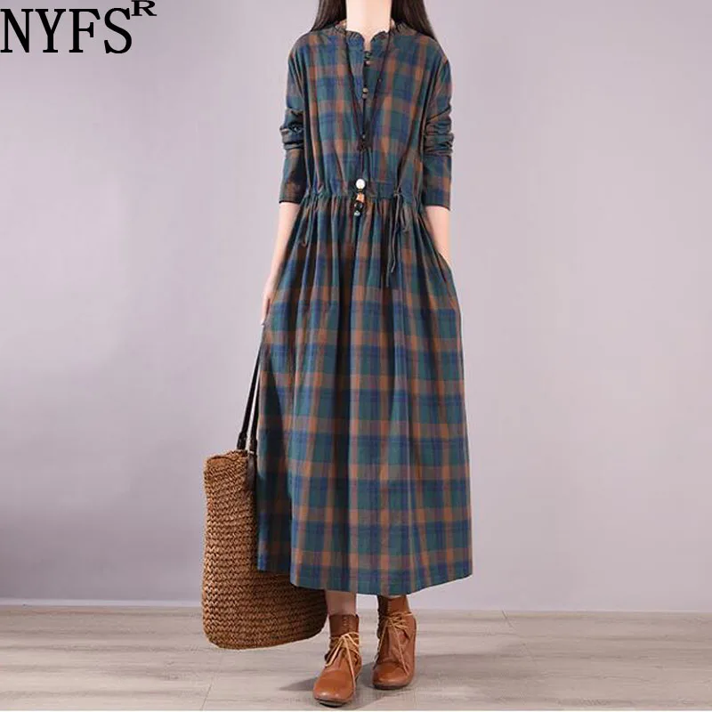 NYFS 2023 New Spring Autumn Vintage Waist Tie Plaid Woman Dress Vestidos Robe Elbise Loose Cotton Long Sleeve Dresses