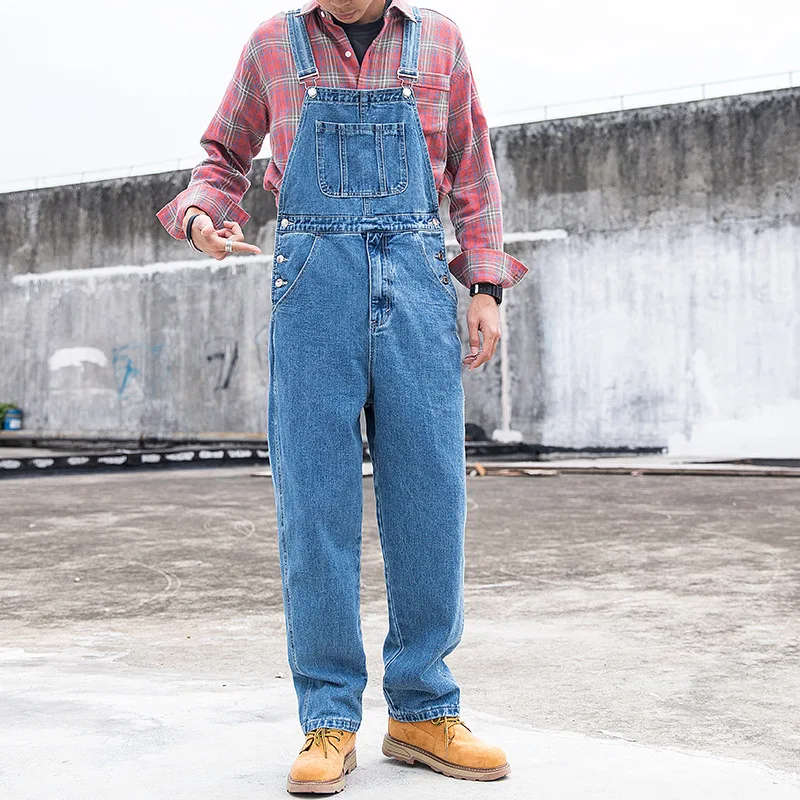 Overalls Men Bib Denim Jumpsuit Straight Jeans Hip Hop Big Pocket Wide Leg Cargo Pants Fashion Casual Blue Loose Trousers