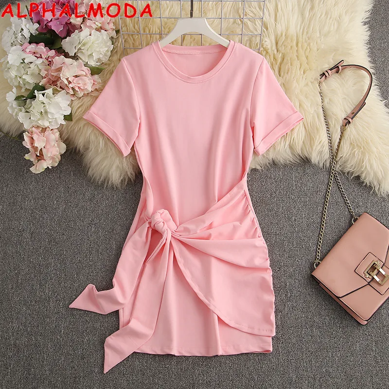 

ALPHALMODA New Arrived Short-sleeved Binding Strap Dress Women Casual Fashion Summer Dress Solid Color