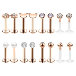 ZS 16G Crystal Labret Stud Piercing Stainless Steel Lip Stud Women Rose Gold Color Cat Earring Helix Conch Piercing Jewelry Set