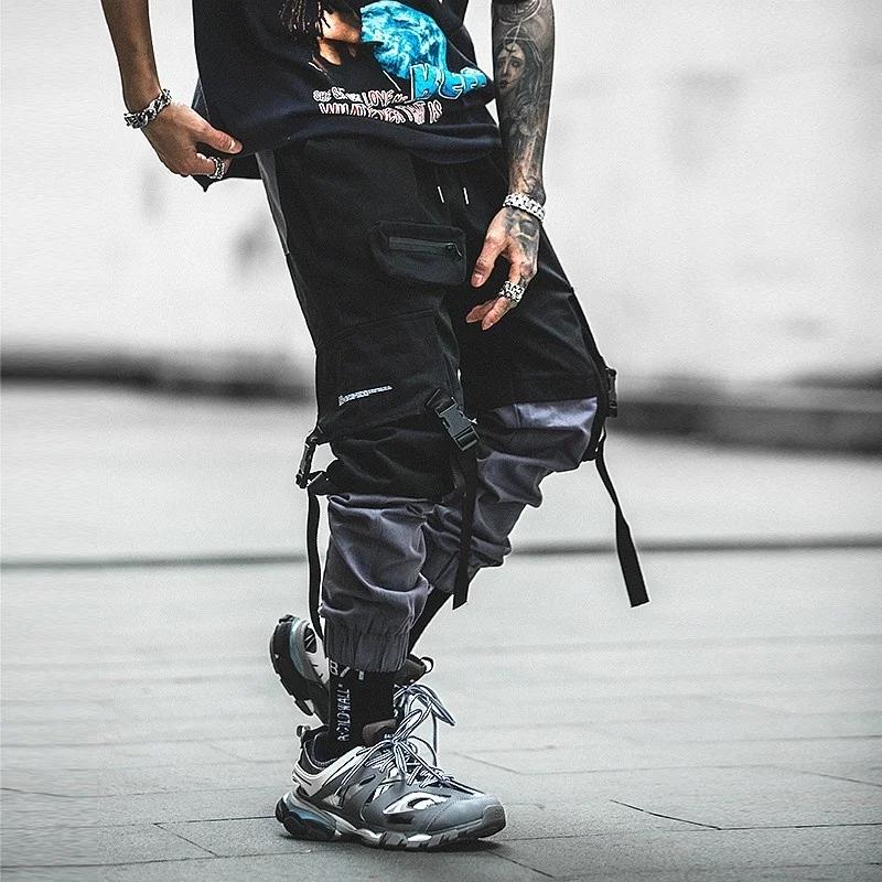 Hop Hip Mixed Colors Patchwork Jogger Pants Streetwear Sports Mens Spring Summer Drawstring Waist Casual Loose Male Cargo Pants