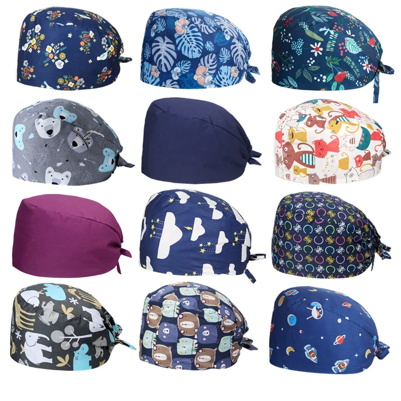 Fashion Print Unisex Cotton Adjustable Pet Work Hats Dust Cap Nursing Cap Elastic Beauty Hat Beauty Salon Baotou Hat Pet Scrubs