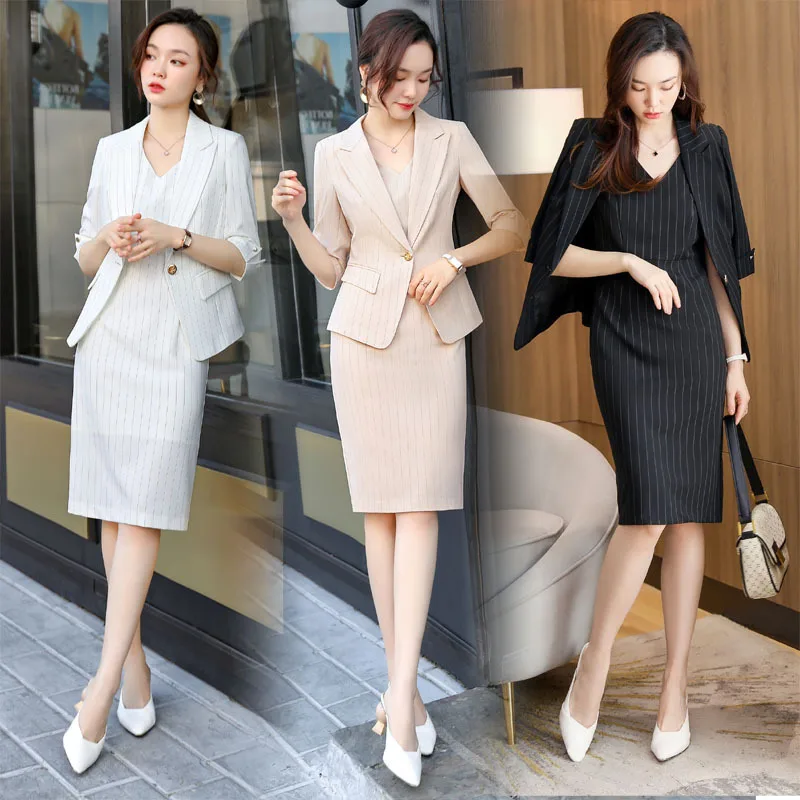 IZICFLY Summer Style New Beige Striped Elegant Office Wear For Women Half Jacket Business Uniforms Blazer Dress Suit --1 Piece