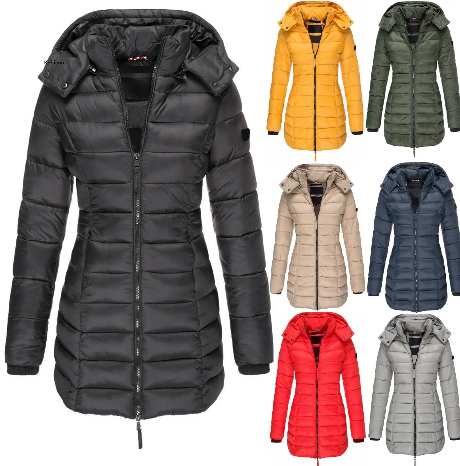 

Women Solid Long Sleeve Hooded Removable Outwear Zipepr Ladies Winter Warm Coat Long Cotton Padded Slim Jacke