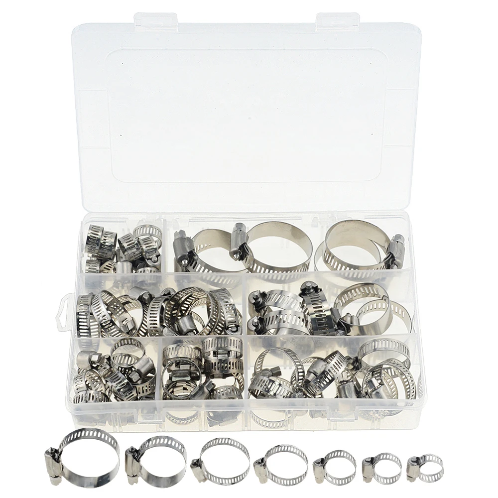 

60PCS/Box Multi Size 8mm-38mm Stainless Steel Hoop Clamp Hose Clamp Automotive Pipes Clip Fixed Tool Water Hose Pipe Clamp Clip