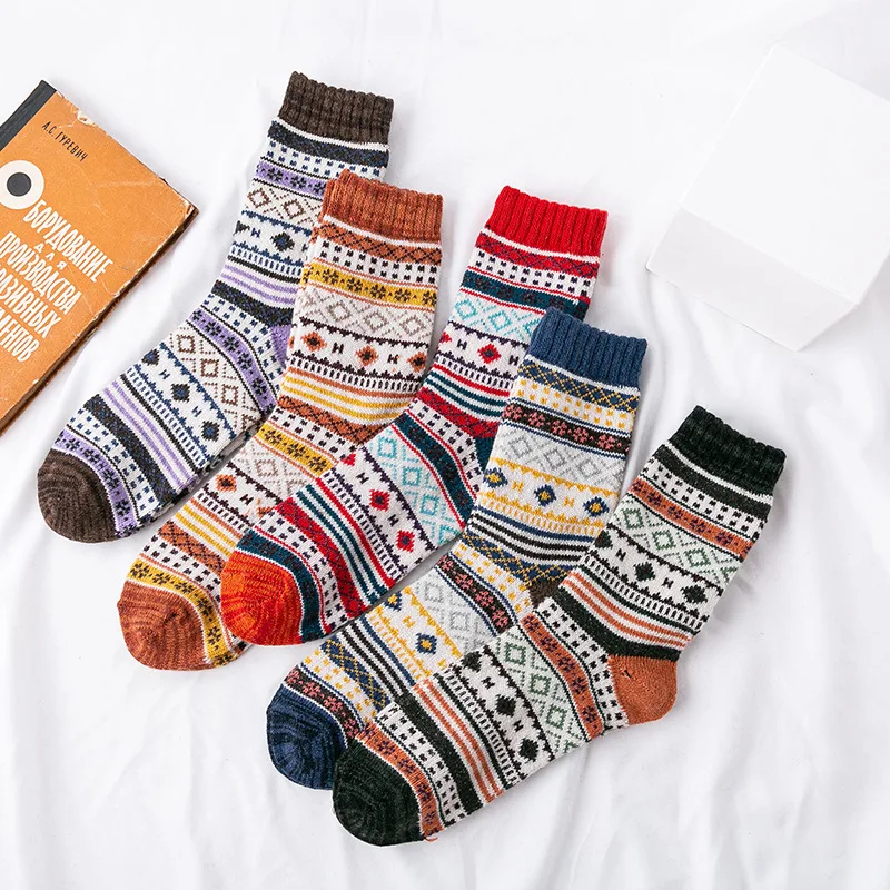 5Pairs/Lot New Winter Thick Warm Wool Women Socks Colorful Socks Fashion Casual Euramerican National Wind-Flowers Cotton Sock