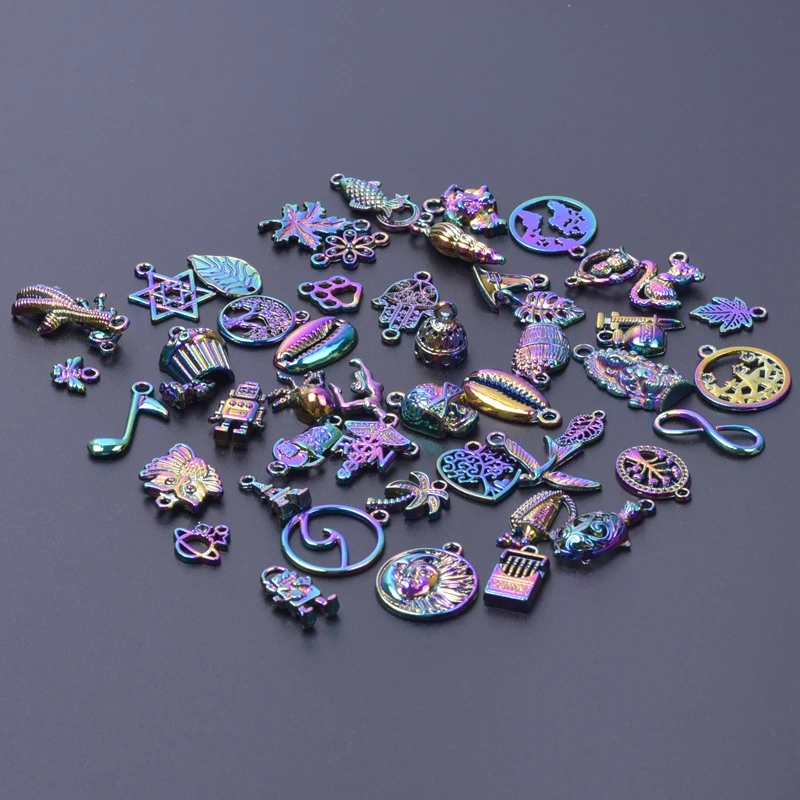 50pcs Mixed Rainbow Charms For Jewelry Making Supplies Animal Moon Pentagram Pendants Women Men Accessories DIY Alloy Materials