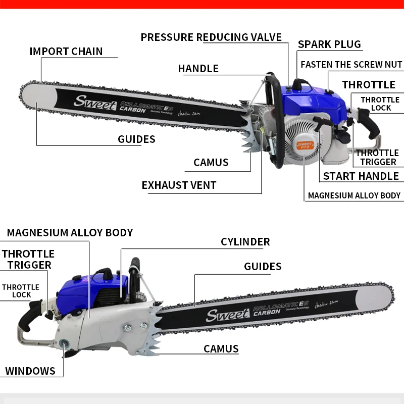 070 Large Chain Saw Two-stroke Logging Saw Large Gasoline Saw Multifunctional Chain Saw 4.8KW Aluminum Alloy Material