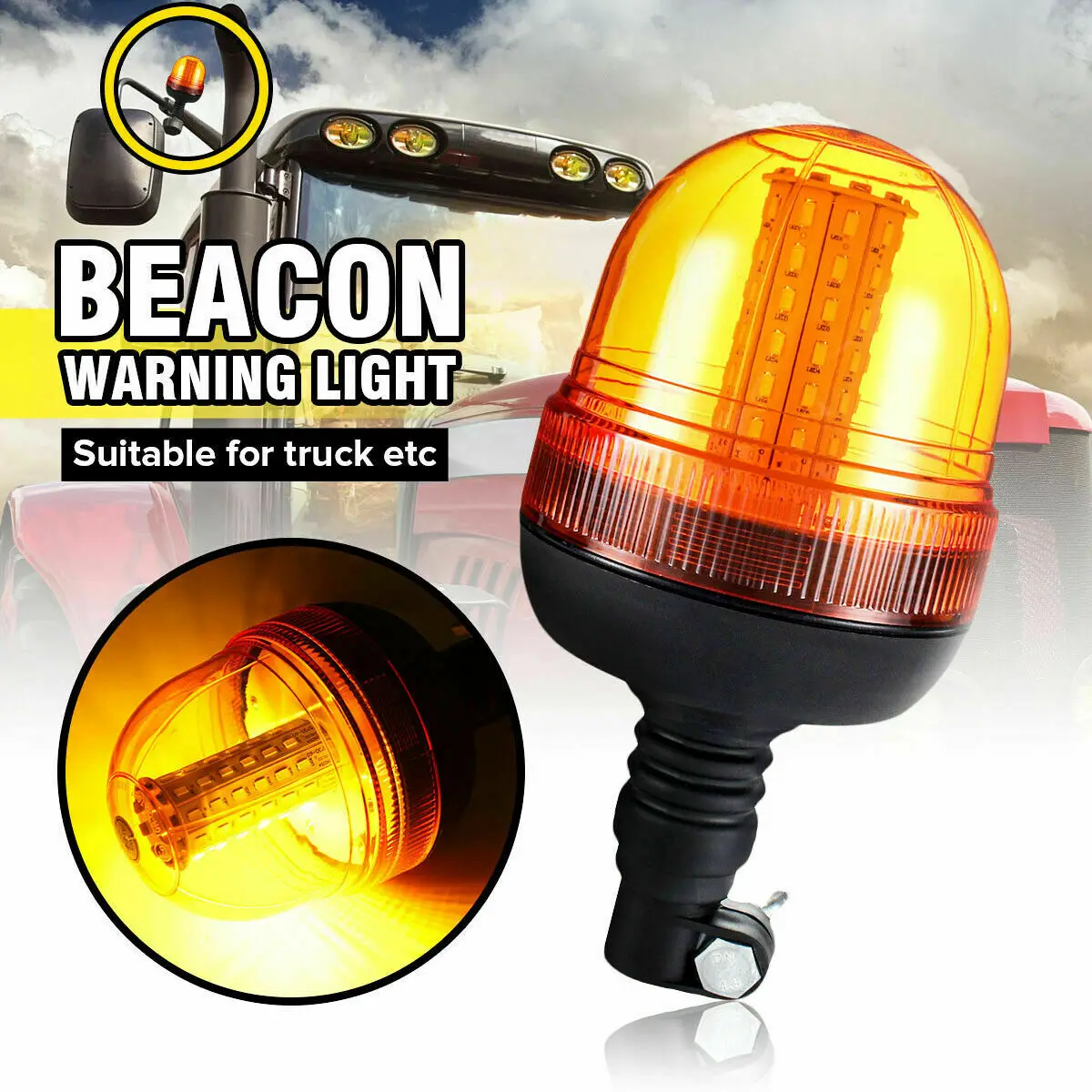 

12W LED Rotating Quad Flashing Amber Beacon Flexible Pole Tractor Warning Light Camper Flashing Warning Light