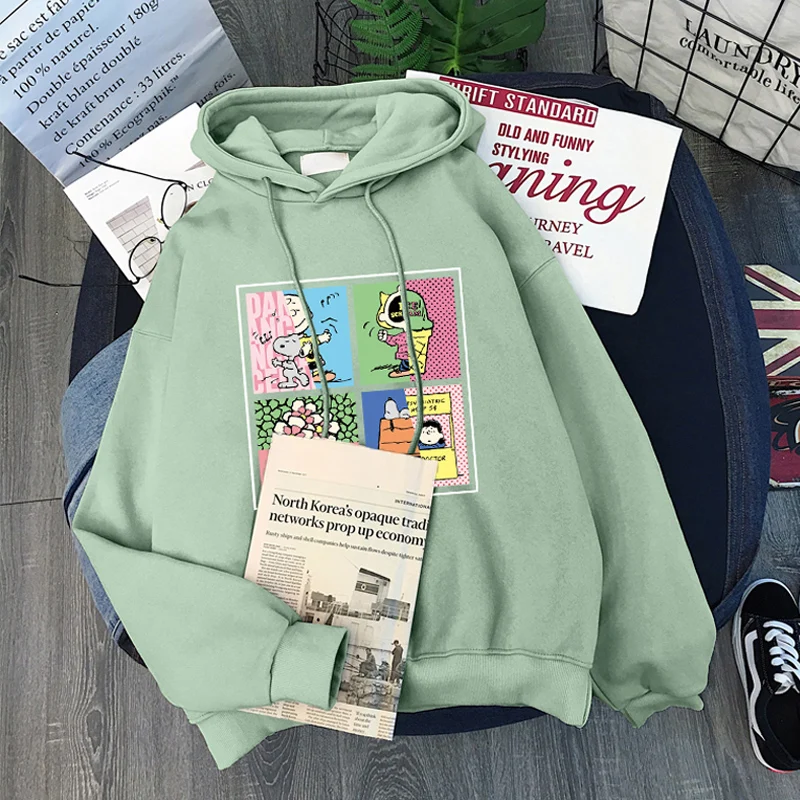 Autumn Winter Casual Women Hoodie Sweatshirt Fleece Cartoon Dog Print Pullover Long Sleeve Apricot Color Thick Loose Coat Tops