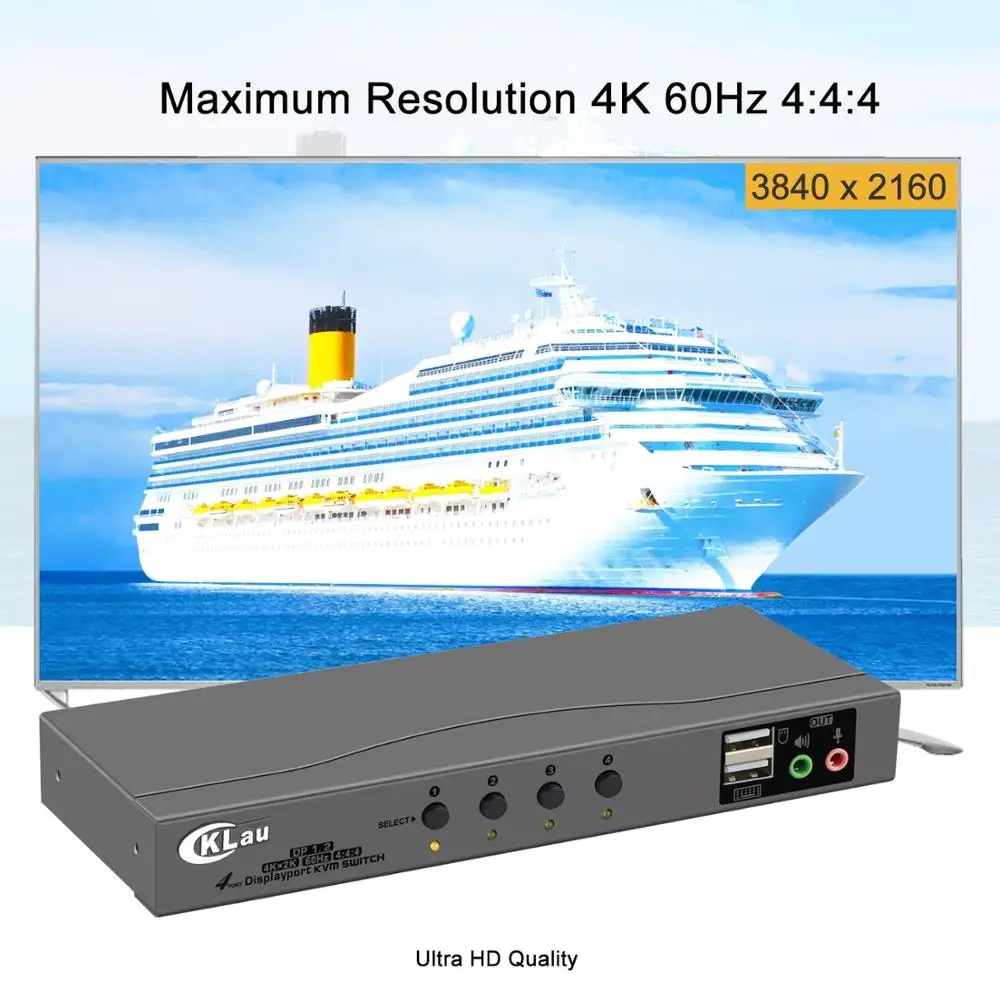 Commutateur Displayport KVM 4 ports, commutateur DP KVM, résolution de Microphone et Audio jusqu'à 4K x 2K @ 60Hz 4:4:4