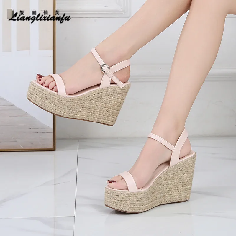 Summer 9cm 11cm High-heeled Women Pumps Platform Hemp shoes Buckle Roman Style stilettos Round Head Sandals Small Yards:30 31 32