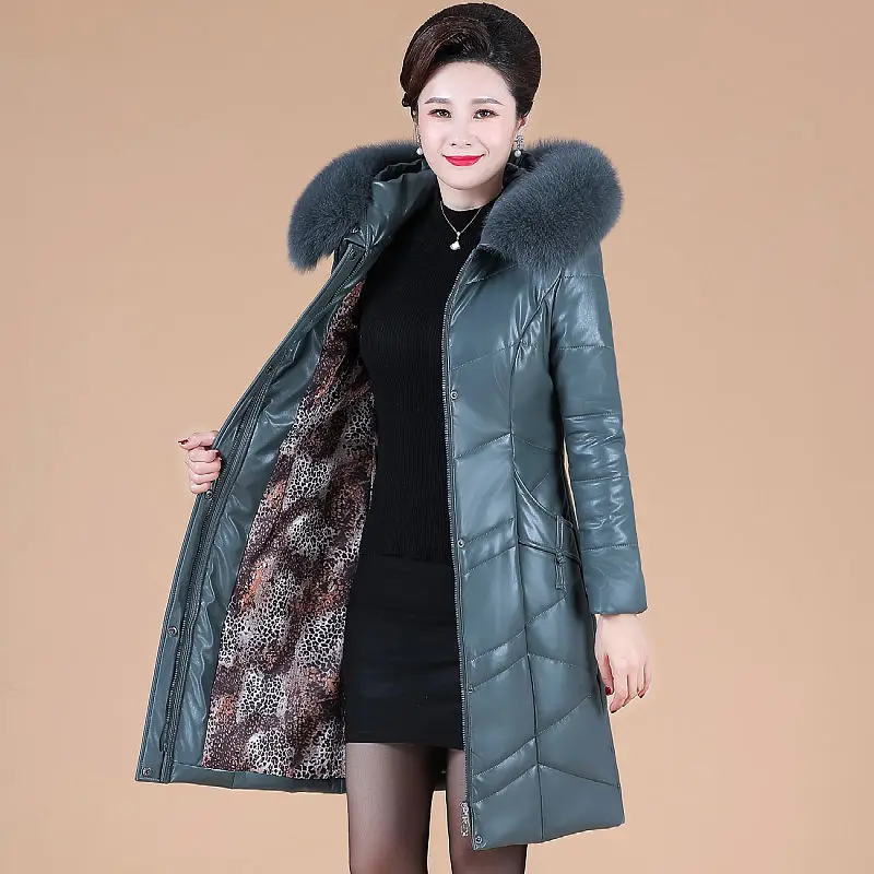 2022 New Winter Pu leather Parka Women Down Cotton Jacket Fur Collar Coat Female Thicken Warm Mid Long OuterwearR1674[blackl]