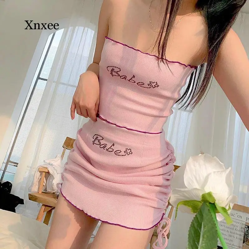 Y2K Women Suit Two Piece Set Pink Sleeveless Crop Tops and Mini Skirt Knitted Suit 2021 Summer Cute Clothing Two Piece Skirt Set