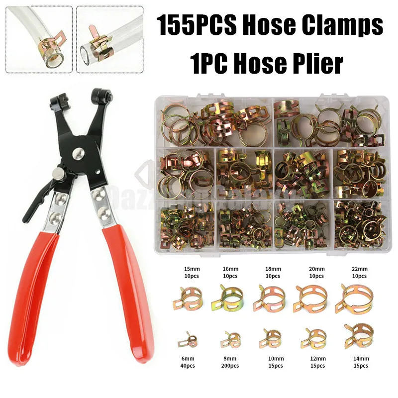 

155PCS 6-22mm Car & Truck Spring Clips Fuel Oil Water Hose Clip Pipe Tube Clamp Fastener Kit + 1PC Hose Plier