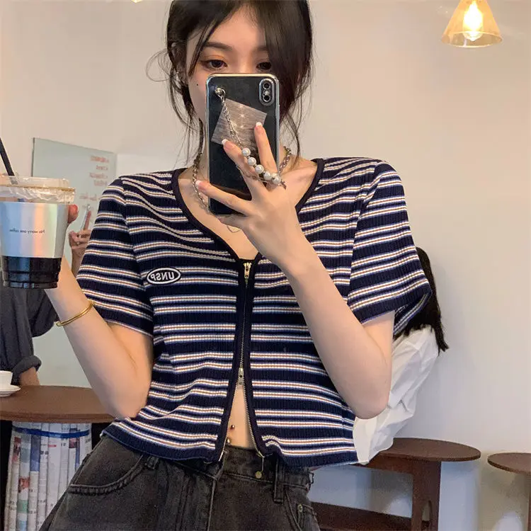 Short Sleeve Crop Top Clothes Korean V-Neck Knitting Sexy Women\'s T-shirt Summer T Shirt Striped Fashion Aesthetic Casual Navy