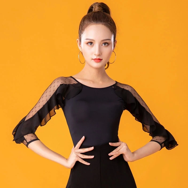 Women ballroom Modern O-neck Sexy Latin dance clothes lady Fashion Practice Costume Tulle sleeves performance Dance shirt