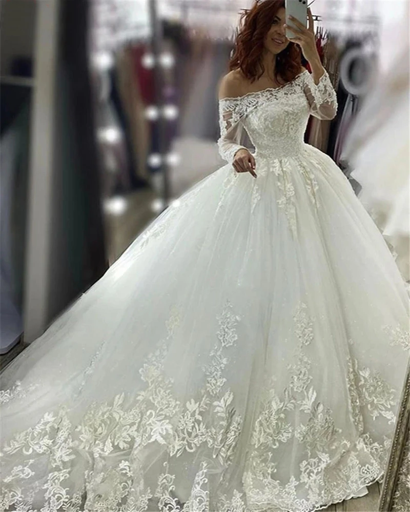 Precioso Vestido de baile de encaje de princesa, vestidos de novia de manga larga sin hombro, Apliques de encaje en la espalda, Dubai