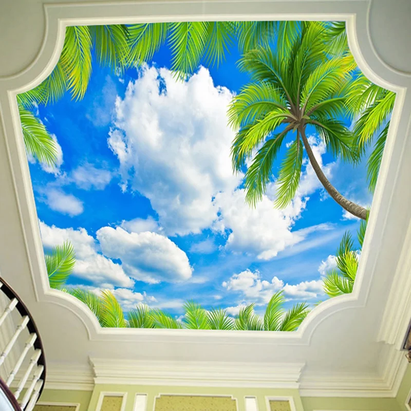 Custom Green Leaves Blue Sky White Clouds Zenith Ceiling 3D Fresco Modern Bedroom Living Room Ceiling Decoration Mural Wallpaper