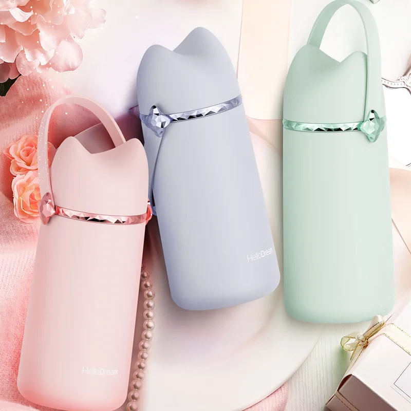 Thermos Mug Star Diamond Flower Fox Cute Cartoon Mug Handle Portable Water Bottle Student Hand Cup Thermofles Cute Thermo Bottle