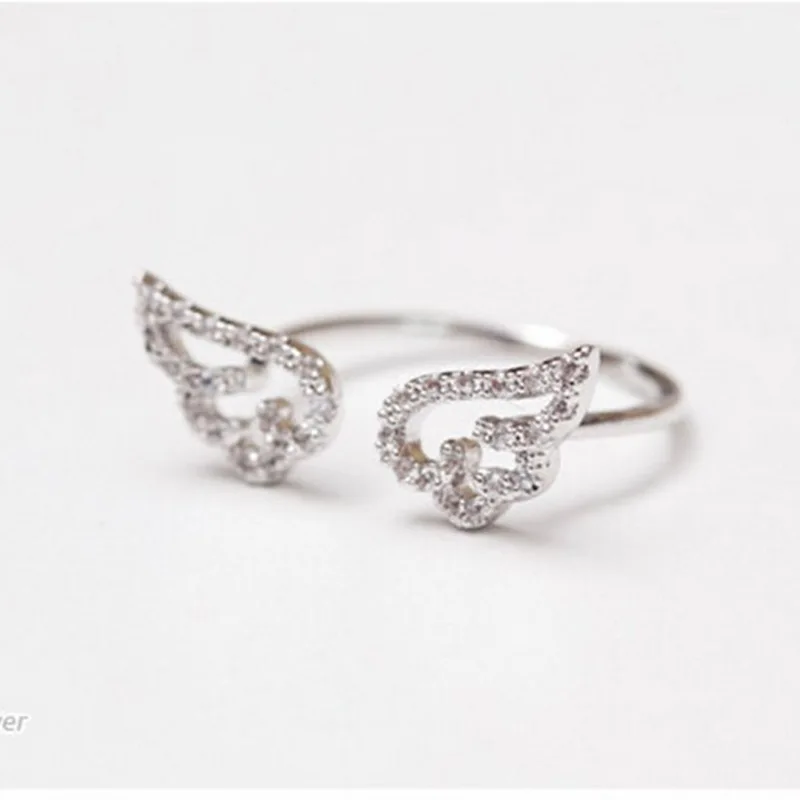 HI MAN Korean Exquisite Pavé Crystal Angel Wings Open Adjustable Ring Women Sweet Romantic Proposal Party Jewelry