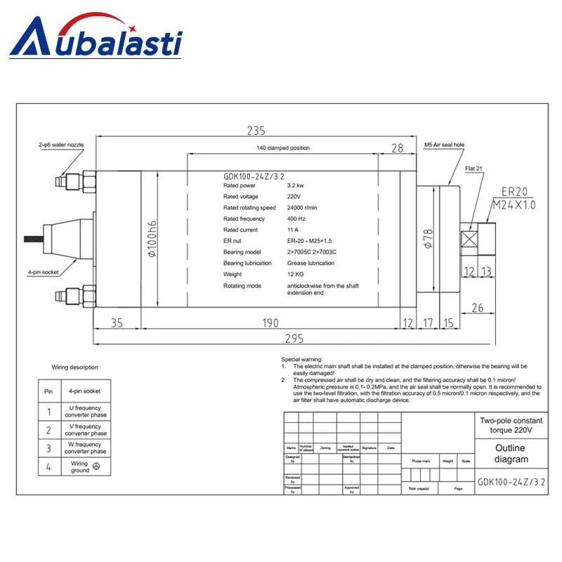 CNC 수냉식 스핀들 모터, CNC 금속 밀링 루터 공구용, 220V, 380V, 4kw 인버터 ER20, 3.5kw, 3.2kw