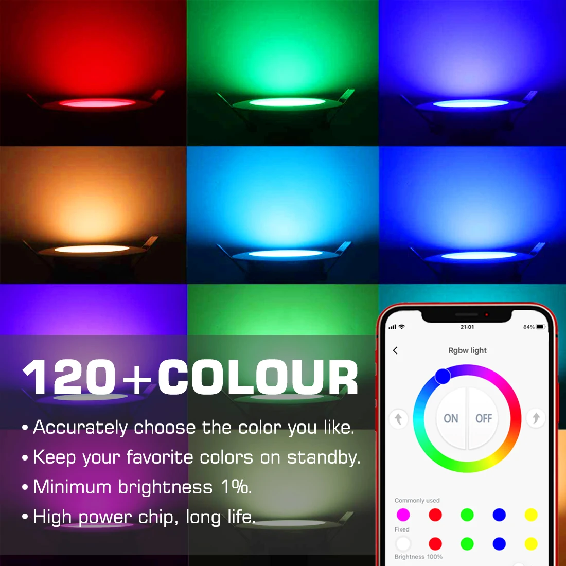 Lâmpada do teto LED colorida compatível com Bluetooth, luz redonda embutida, luminária Home inteligente, RGB Downlight, 110V, 220V