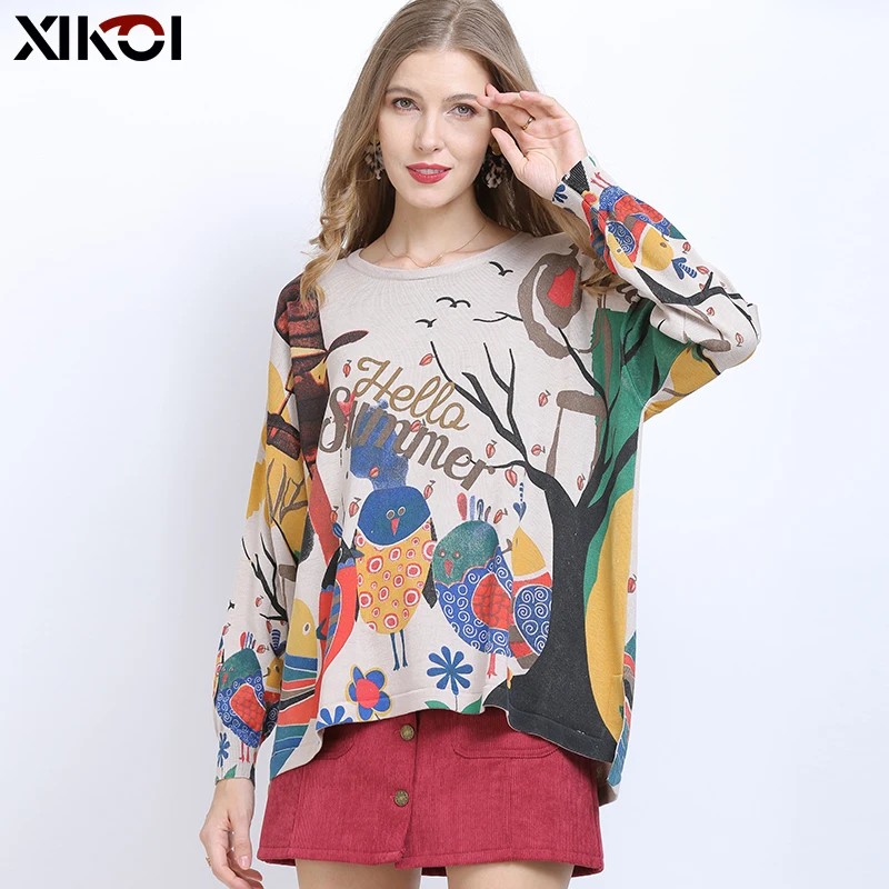 XIKOI Wool Sweater For Women Winter Warm Pullover Fashion Birds Print O-Neck Oversized Jumper Casual Knitted Sweaters Pull Femme