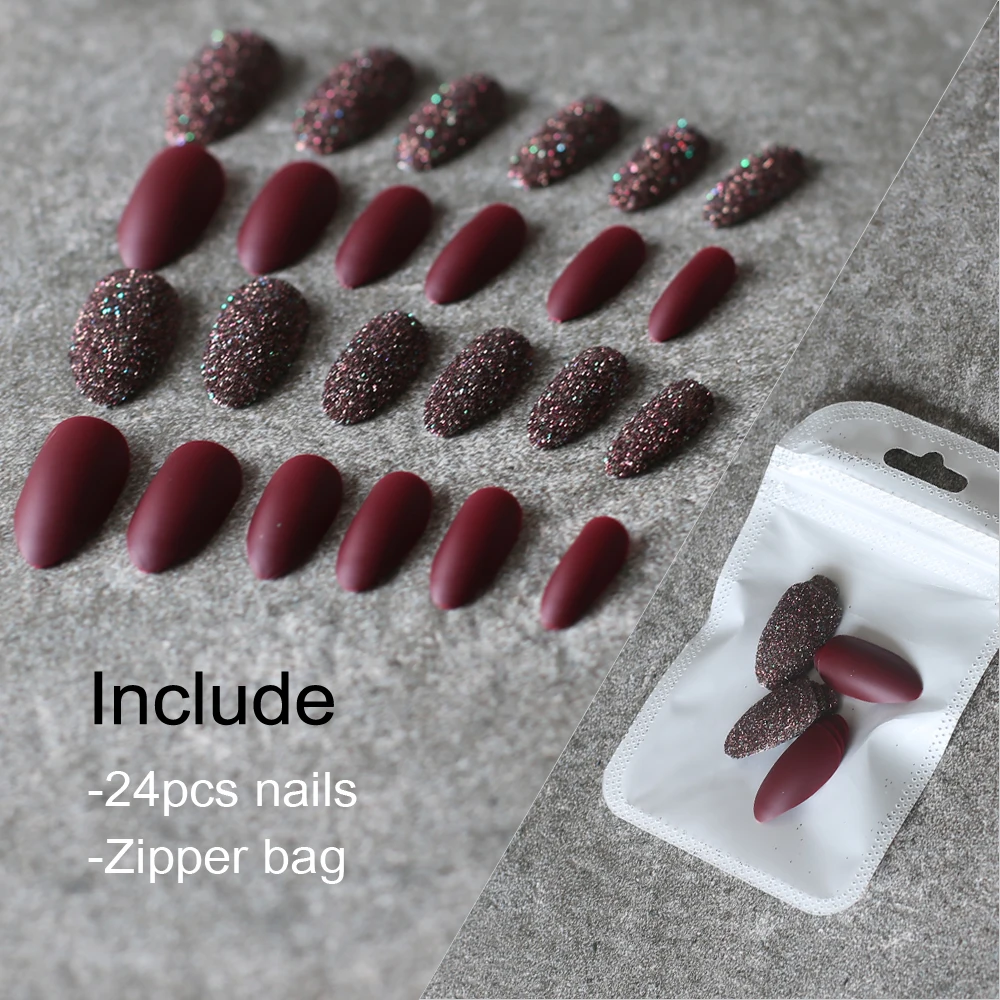 อัลมอนด์ Matte Glitter ผสม DIY เล็บ Stiletto Blue False NAIL Burgundy สีแดงเล็บปลอม Art Nude 24pcs ชุดหินอ่อนการ์ดสีชมพู