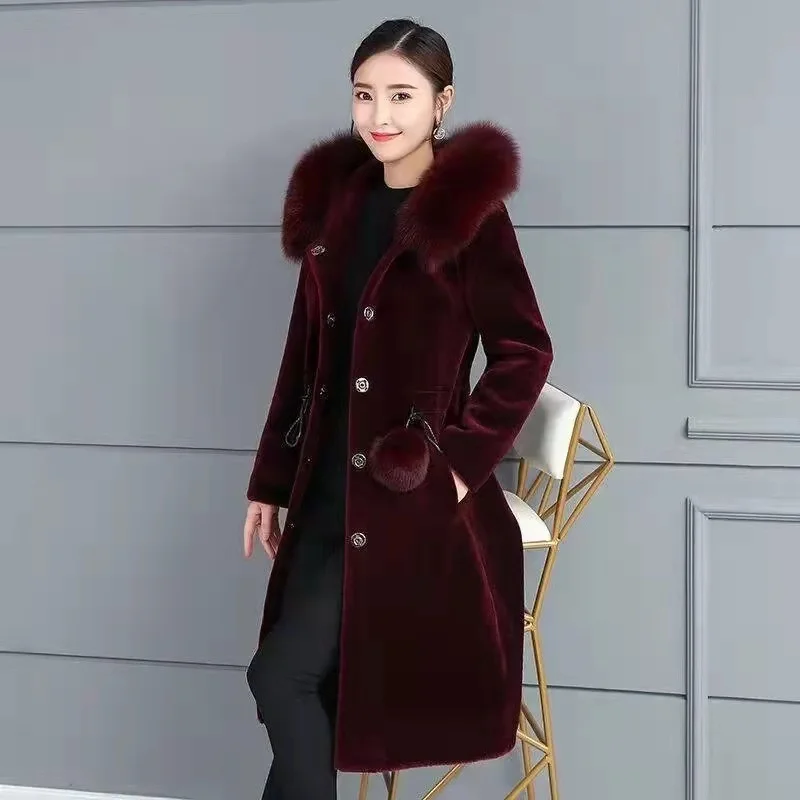 Mink Fur Coat Women\'s Mid-length Autumn And Winter Mink Velvet Faux Fur Hooded Jacket Women\'s Thin New Large Size Thickening