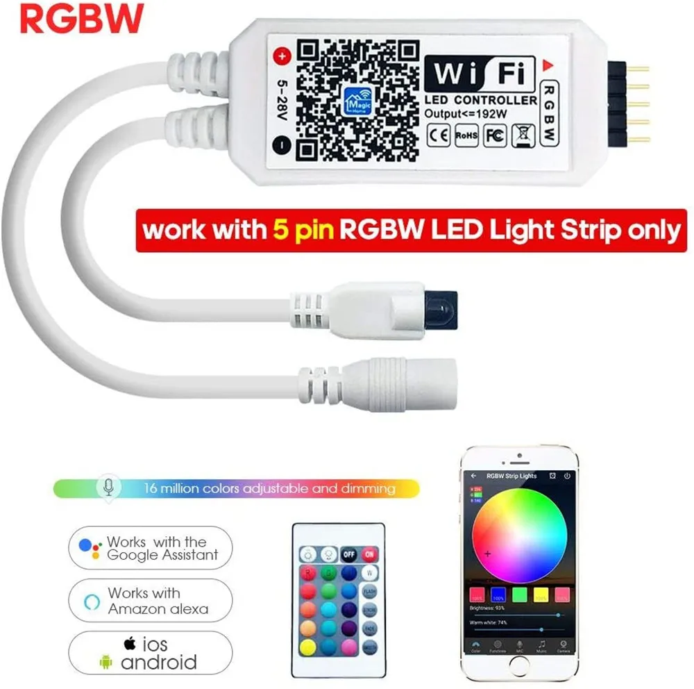 DC12V RGBW/RGBWW Wifi kontroler LED z pilotem na podczerwień 24 klawisze 5-pinowe połączenie do taśm LED RGBW