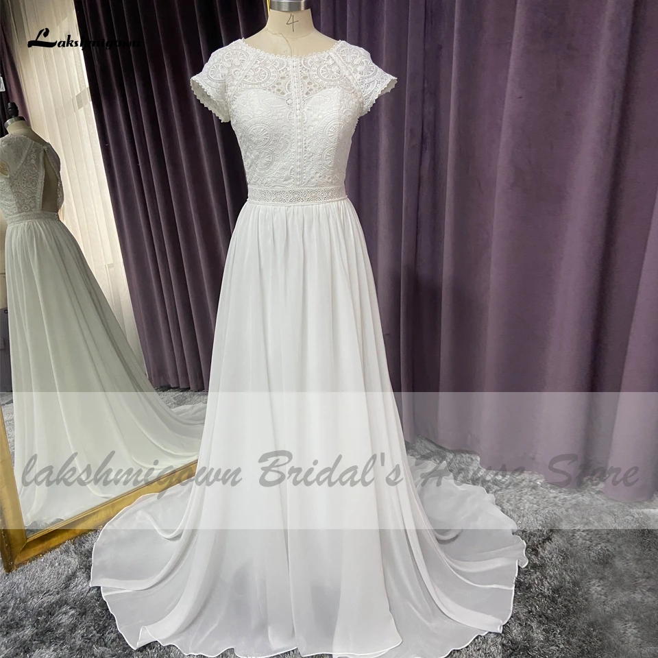 Lakshmigown Chic Braut Robe Kappe Kurzarm Strand Hochzeit Kleid Spitze Mieder 2021 Sexy Chiffon-EINE Linie Brautkleider Backless