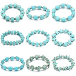 Fshion Beaded Bracelet Turtle Starfish Round Blue Stone Stretch Bracelet Elastic Cord Jewelry Lovers Bead Bangles for Women Gift